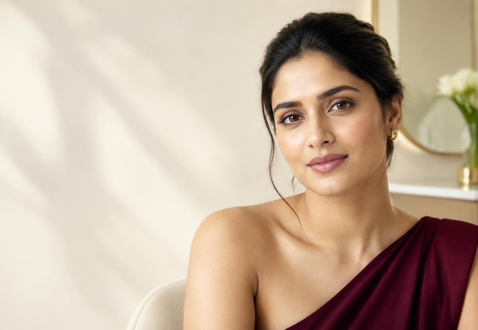 Woman with naturally radiant skin in a refined clinic setting