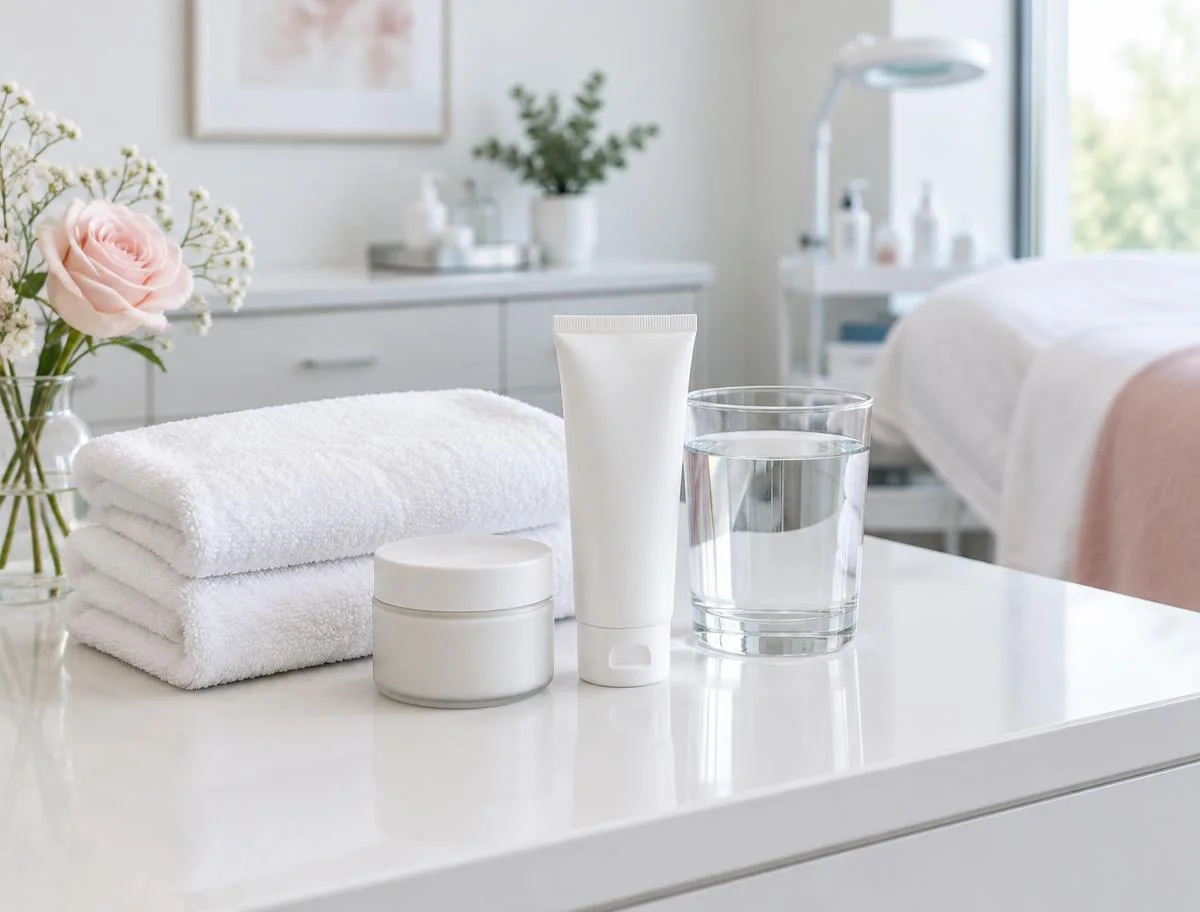 Gentle skincare products and clean towels in a calm aftercare setting