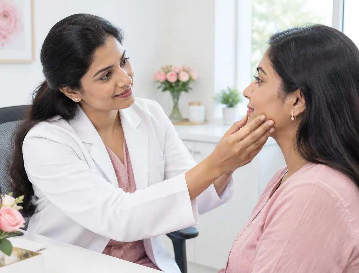 Illustrative clinician assessing a patient's skin during consultation