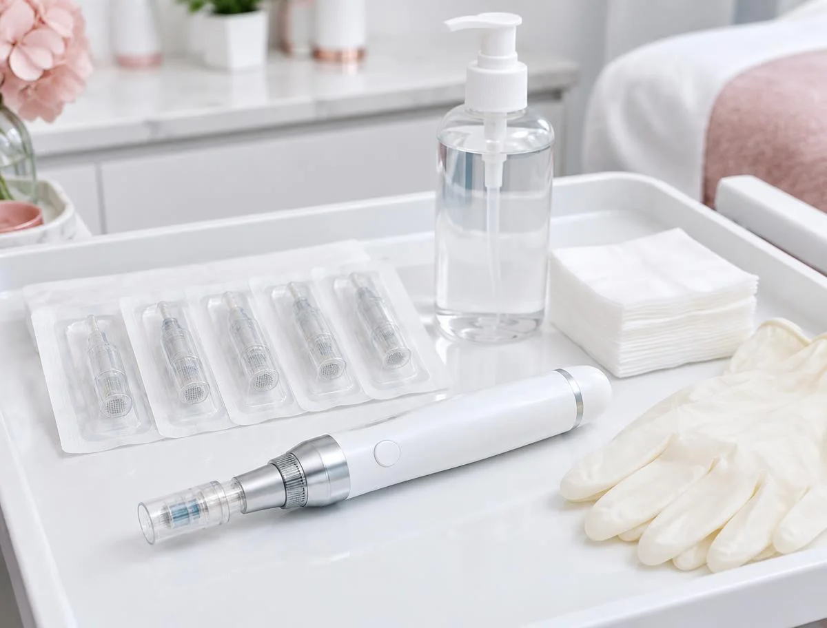 Microneedling pen, packaged cartridges and cleansing supplies on a clean treatment tray