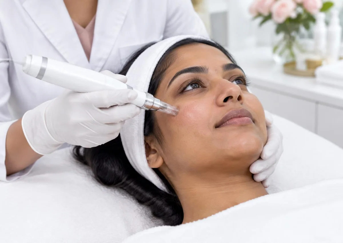 Illustrative professional microneedling treatment with a gloved clinician using a sterile cartridge on a patient's cheek